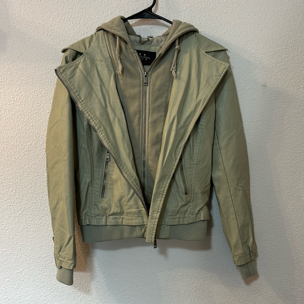 LA Coalition double zipper hooded faux leather jacket size small
